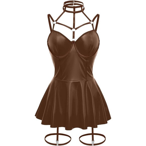Women Brown Strappy Leather Underwire Choker Garter Belt Lingerie Set Dress - Picture 6 of 6